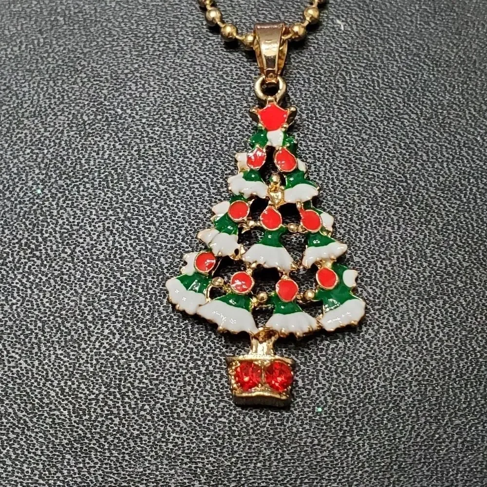 Gold tone holiday Christmas tree necklace 20-21.5